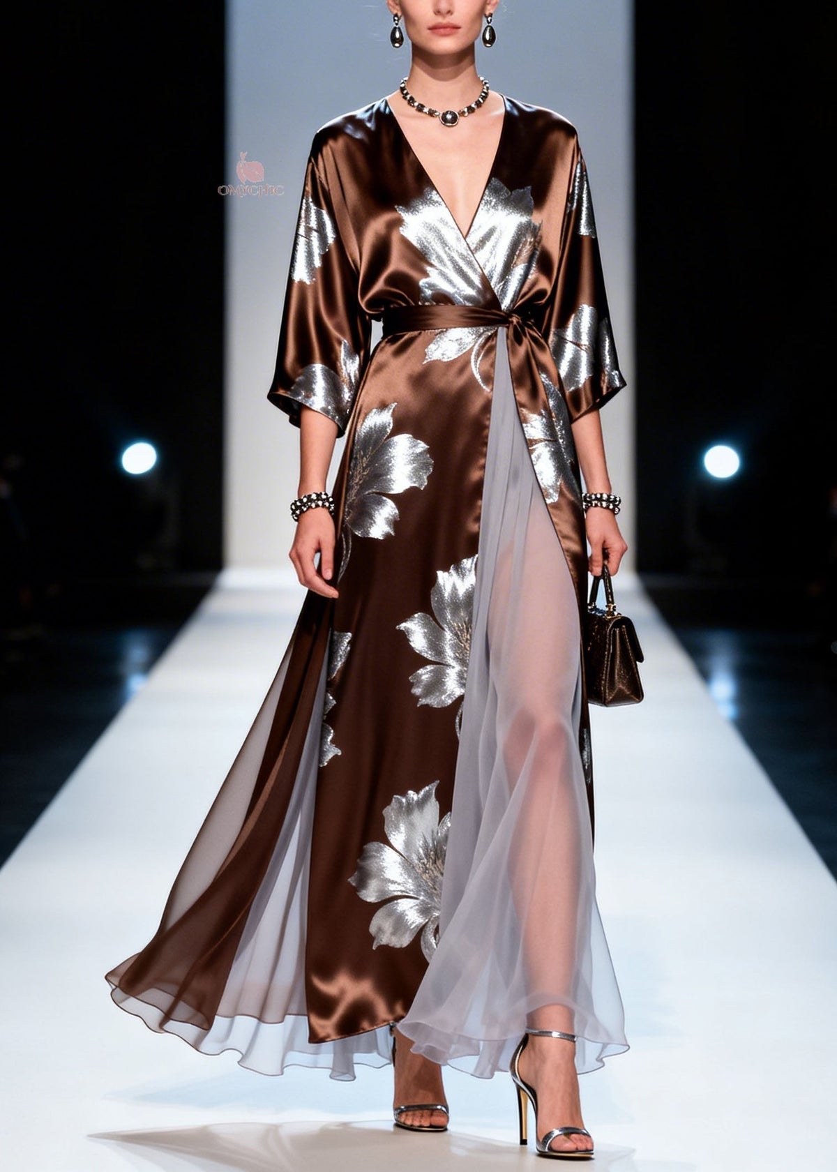Satin Floral Print V-Neck Kimono Sleeve Tulle Panel Wrap Maxi Gown - View 5