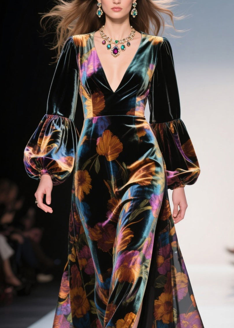 Velvet Floral Bishop Sleeve Deep V-Neck High Split Maxi Gown - View 2