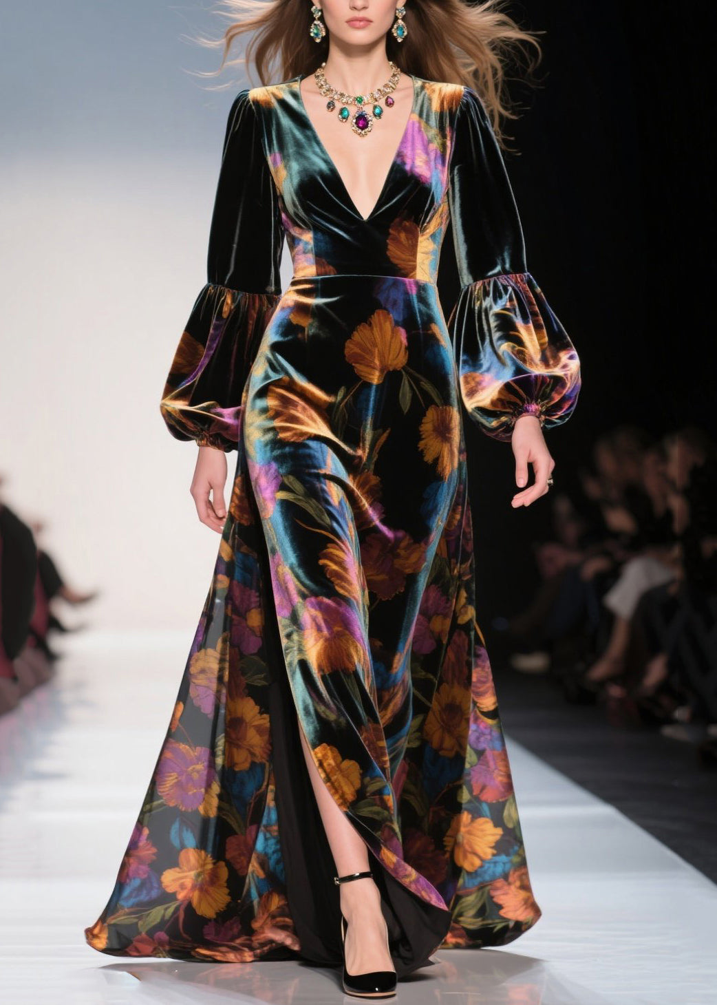 Velvet Floral Bishop Sleeve Deep V-Neck High Split Maxi Gown - View 3