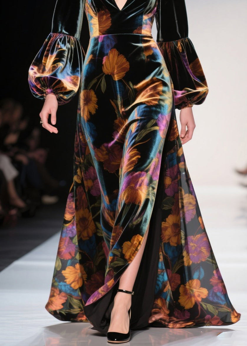 Velvet Floral Bishop Sleeve Deep V-Neck High Split Maxi Gown - View 4