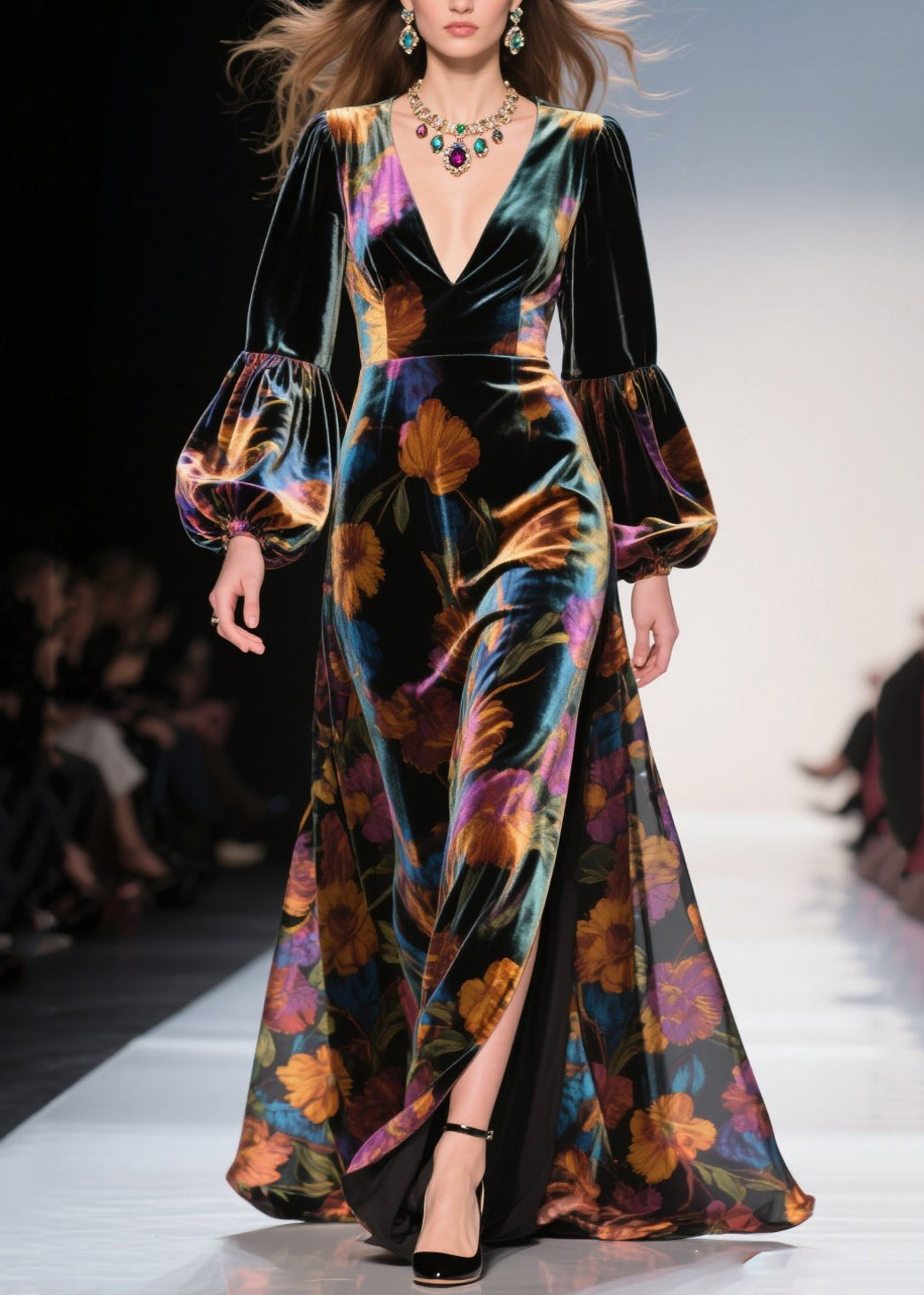 Velvet Floral Bishop Sleeve Deep V-Neck High Split Maxi Gown - View 5