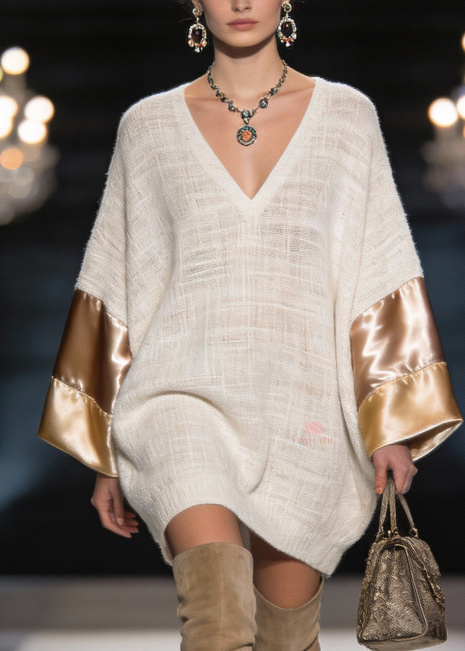 Knit Deep V-Neck Oversized Satin Panel Bell Sleeve Mini Dress - View 2