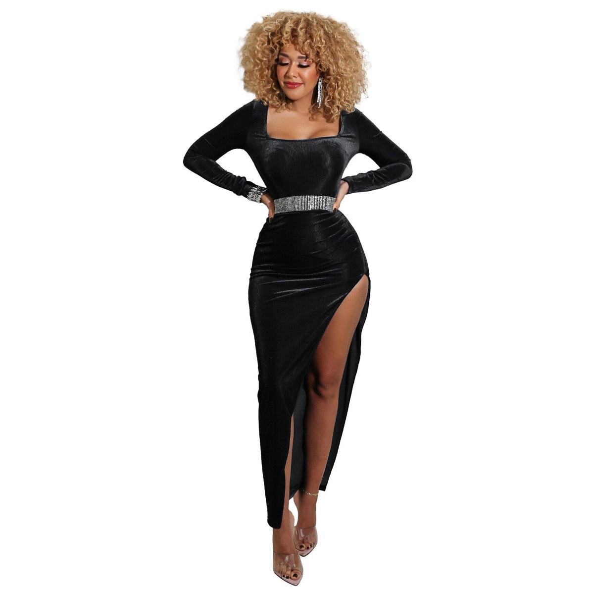 Velvet Square Neck Long Sleeve Ruched High Split Bodycon Maxi Dress - View 7