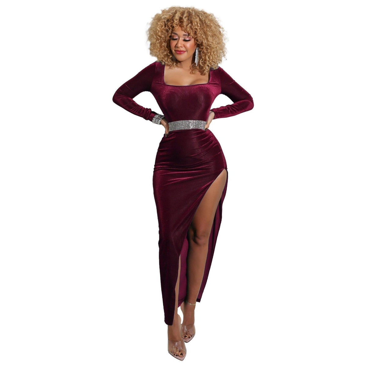 Velvet Square Neck Long Sleeve Ruched High Split Bodycon Maxi Dress - View 8