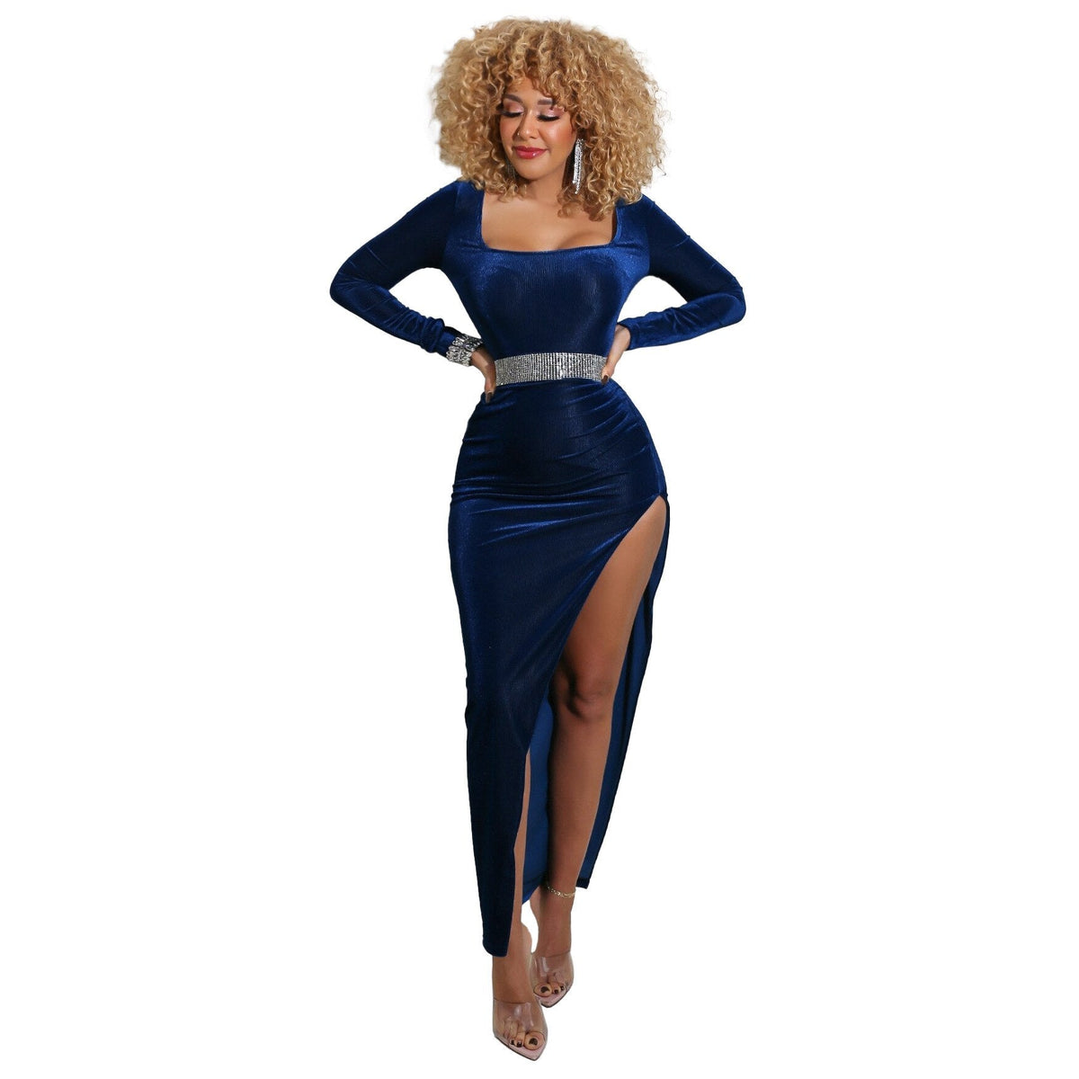 Velvet Square Neck Long Sleeve Ruched High Split Bodycon Maxi Dress - View 9