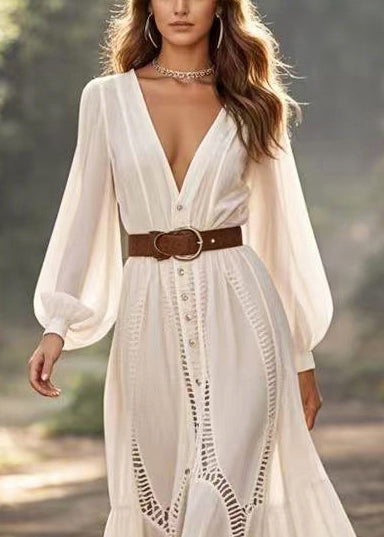 Deep V-Neck Button Down Bishop Sleeve Ladder Lace Trim Maxi Dress - View 2