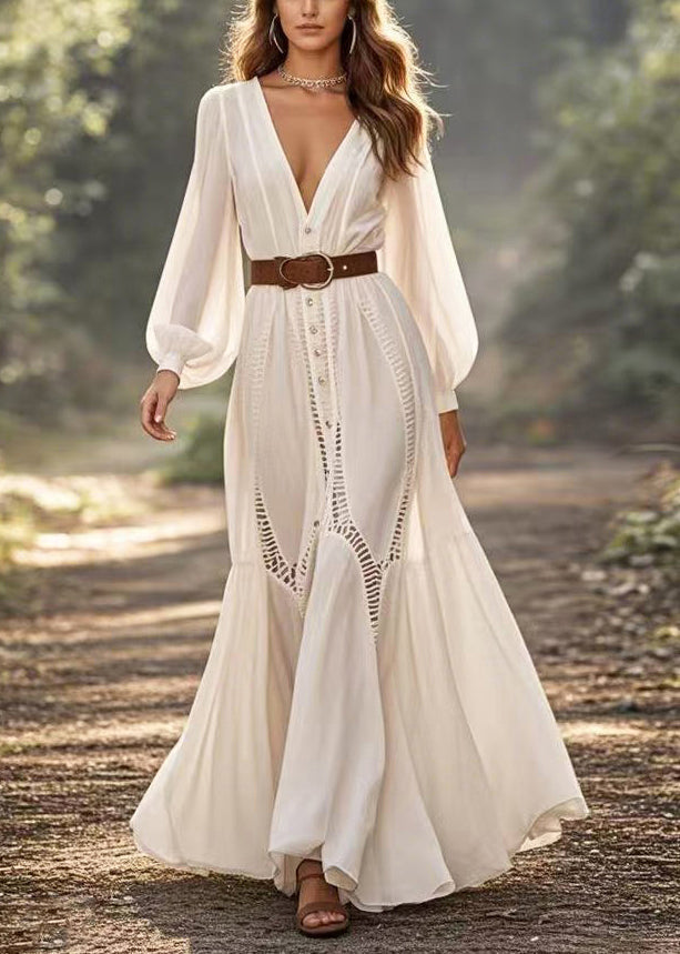 Deep V-Neck Button Down Bishop Sleeve Ladder Lace Trim Maxi Dress - View 3