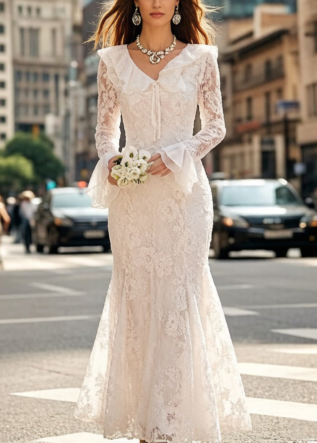 Floral Lace Ruffle Deep V-Neck Tie Front Flared Cuff Mermaid Gown