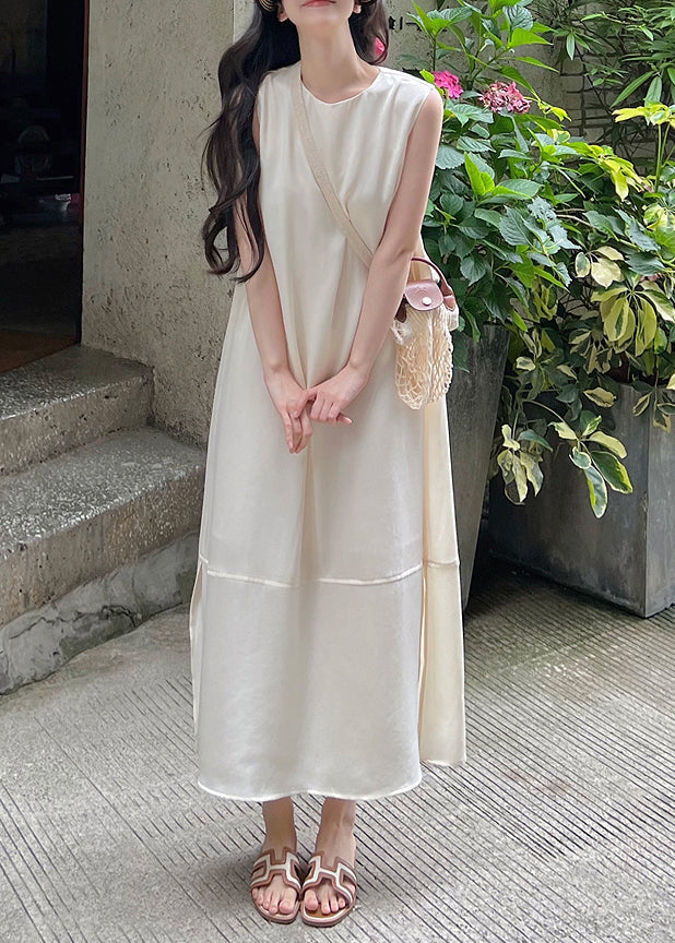 Satin Round Neck Sleeveless Tiered Panel Side Slit Maxi Dress - View 3