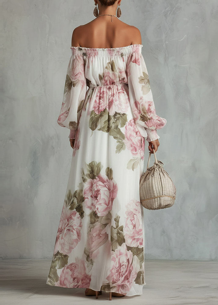 Elegant White Slash Neck Print Chiffon Maxi Dress Lantern Sleeve - View 2