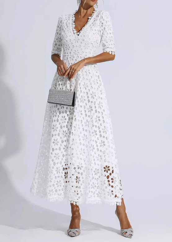 Lace Deep V-Neck Short Sleeve Scalloped Hem A-Line Maxi Dress - View 2
