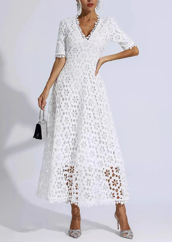 Lace Deep V-Neck Short Sleeve Scalloped Hem A-Line Maxi Dress - View 3