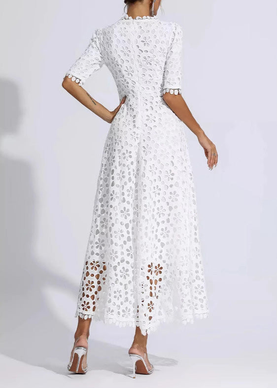 Lace Deep V-Neck Short Sleeve Scalloped Hem A-Line Maxi Dress - View 4