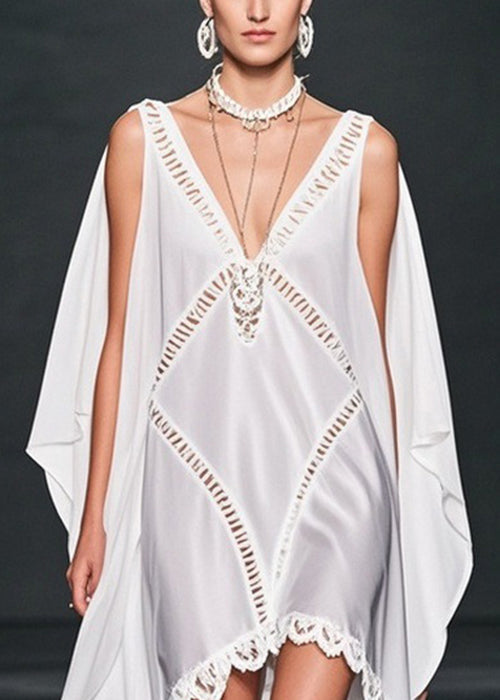 Deep V-Neck Chiffon Cut Out Diamond Cape Overlay Mini Dress - View 2