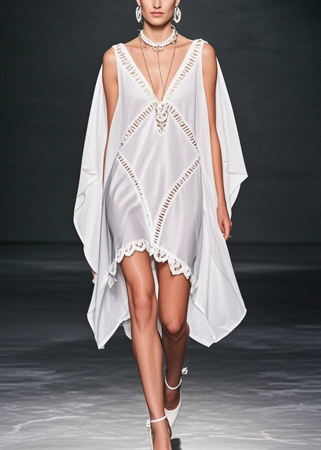 Deep V-Neck Chiffon Cut Out Diamond Cape Overlay Mini Dress - View 3