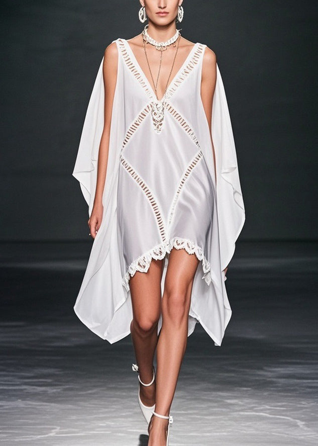 Deep V-Neck Chiffon Cut Out Diamond Cape Overlay Mini Dress - View 5