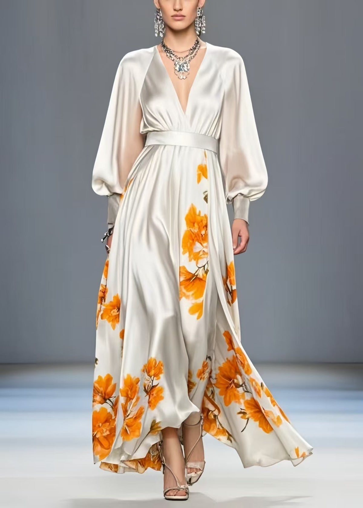 Floral Print Deep V-Neck Balloon Sleeve Cinched Waist Maxi Gown