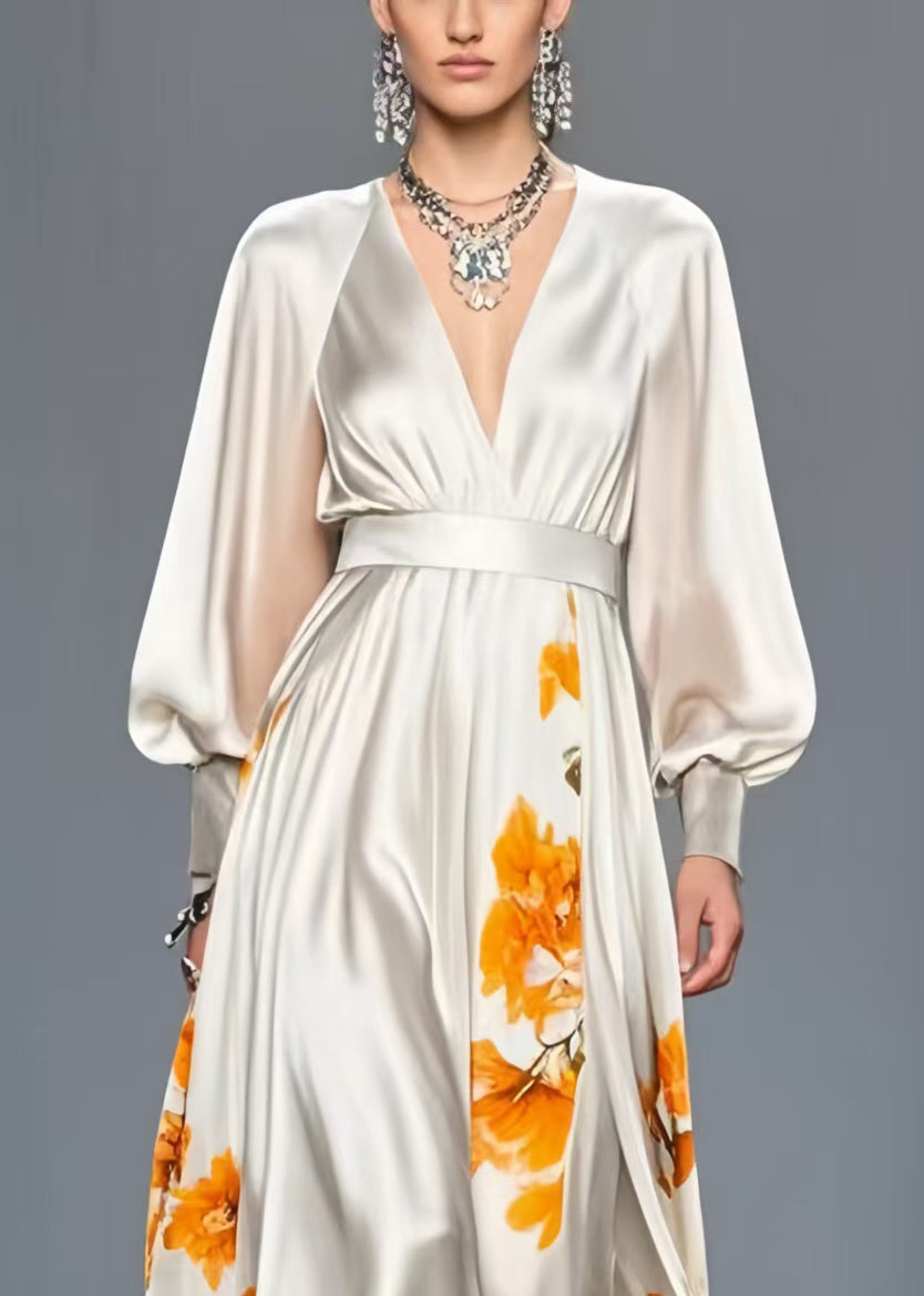 Floral Print Deep V-Neck Balloon Sleeve Cinched Waist Maxi Gown - View 2