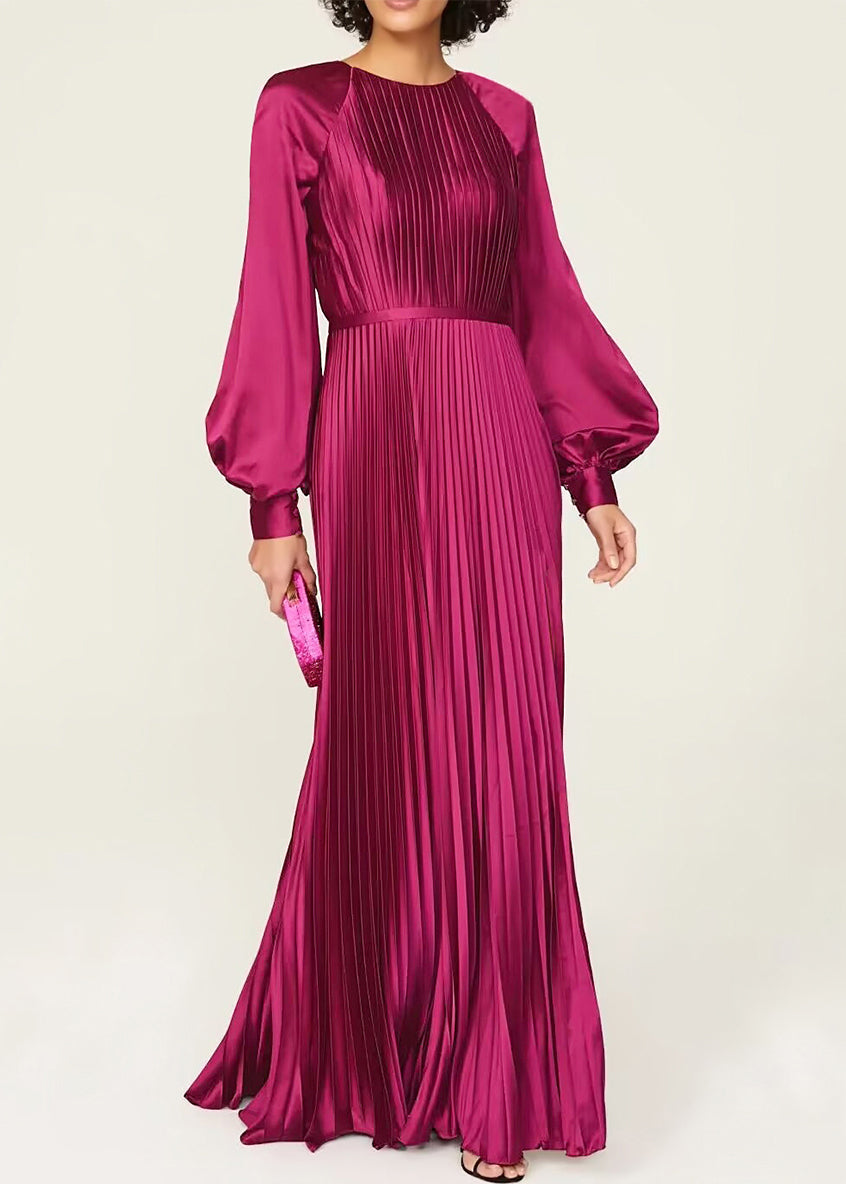 Satin Accordion Pleat Round Neck Bishop Sleeve Button Cuff Gown