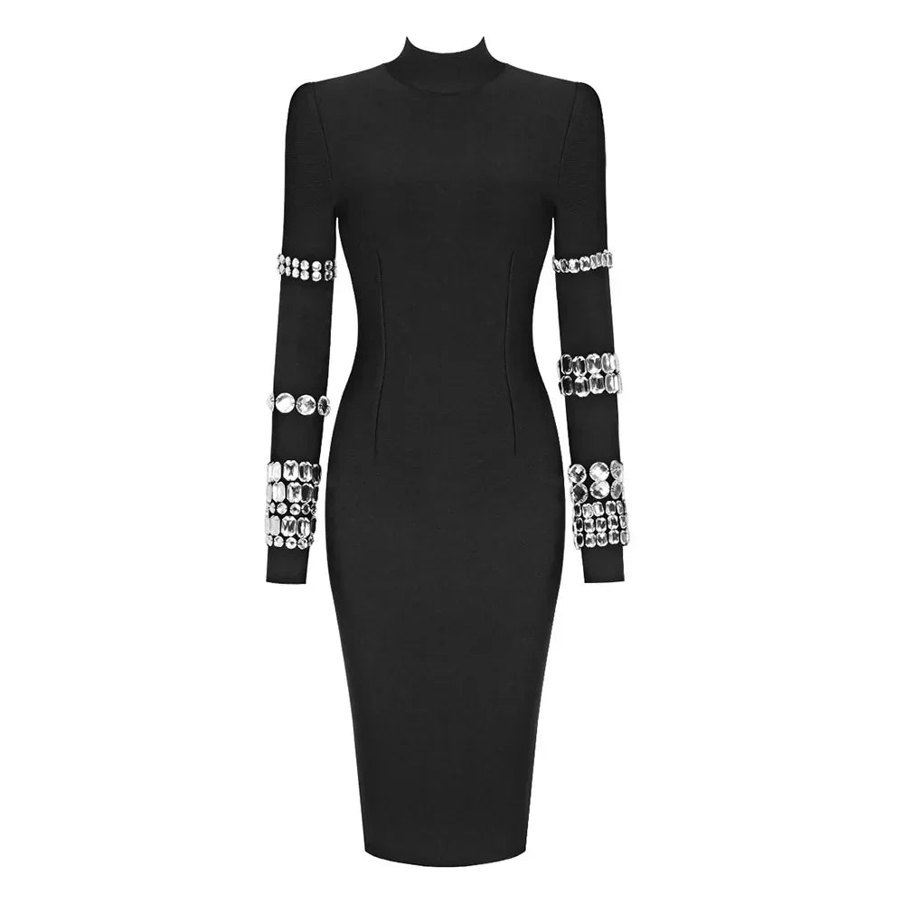 Rhinestone High Neck Long Sleeve Bodycon Midi Dress - View 4