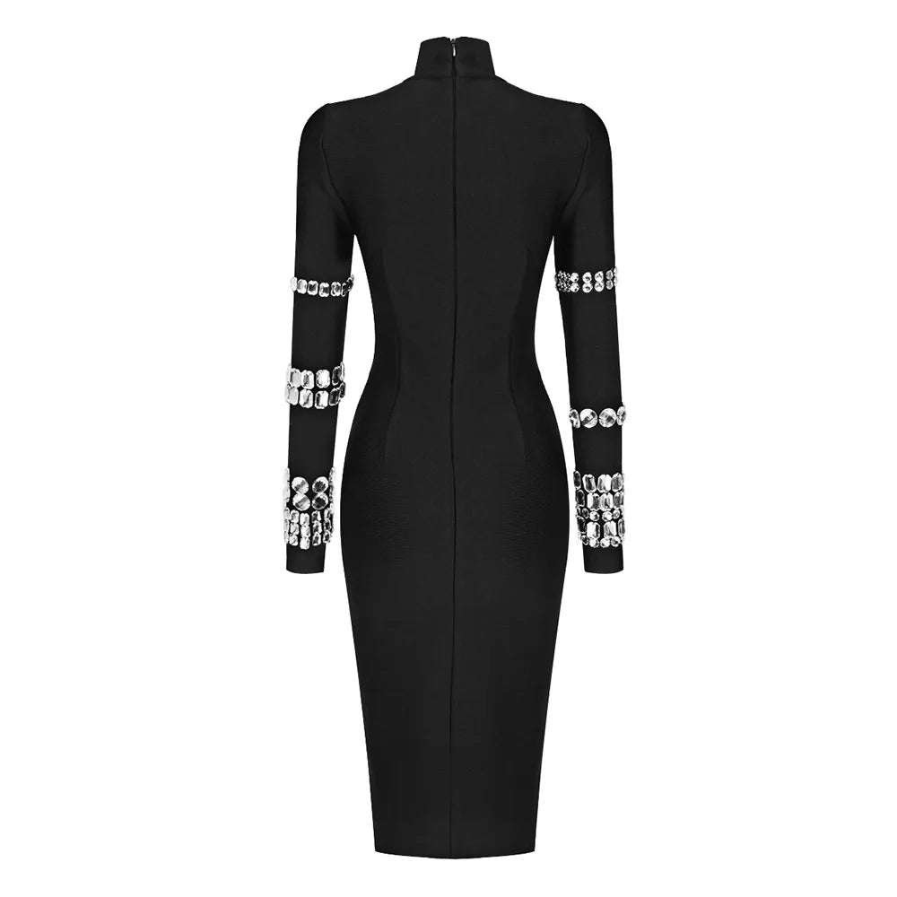 Rhinestone High Neck Long Sleeve Bodycon Midi Dress - View 5