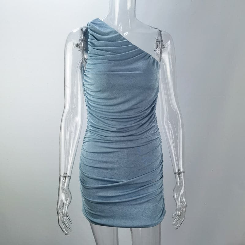 One Shoulder Ruched Metallic Knit Bodycon Mini Party Dress - View 7