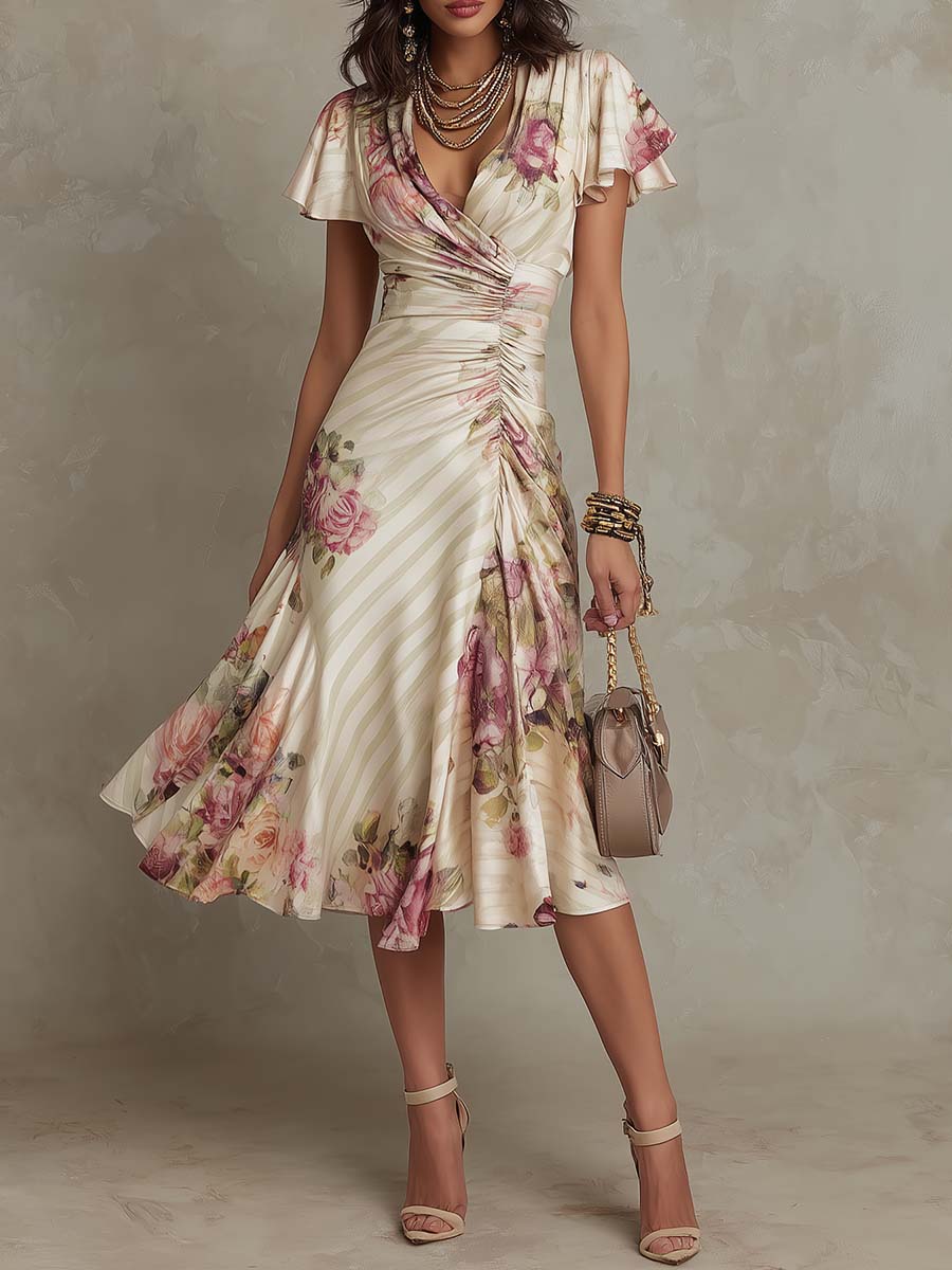 Floral Stripe V-Neck Flutter Sleeve Ruched Midi Dress
