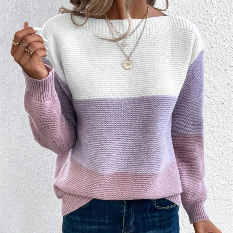 Boat Neck Colorblock Long Sleeve Knit Sweater 9
