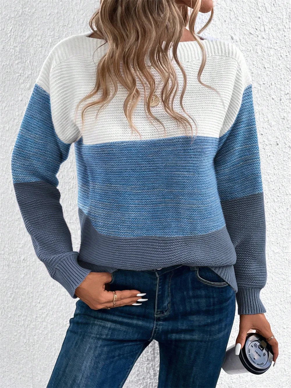Boat Neck Colorblock Long Sleeve Knit Sweater 2