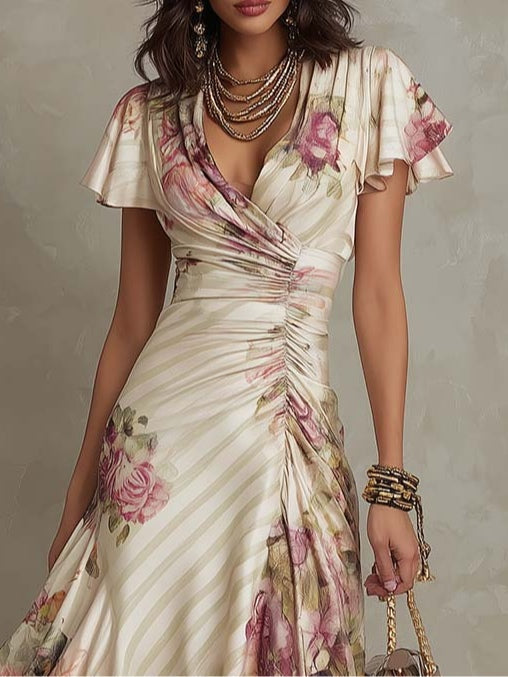Floral Stripe V-Neck Flutter Sleeve Ruched Satin Midi Dress 3