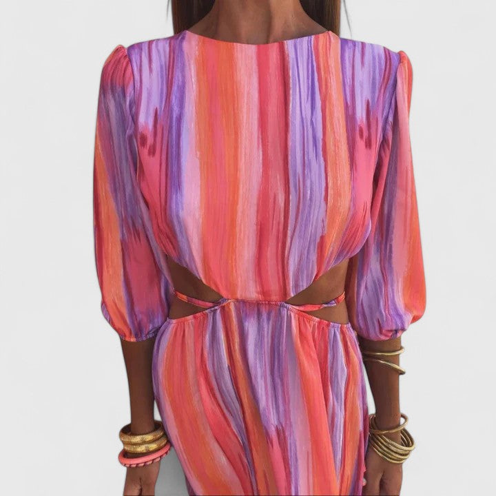 Watercolor Stripe Cut Out Waist Maxi Dress 3