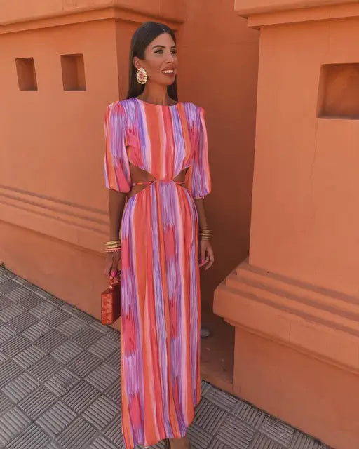Striped Puff Sleeve Round Neck Side Cut Out Maxi Dress