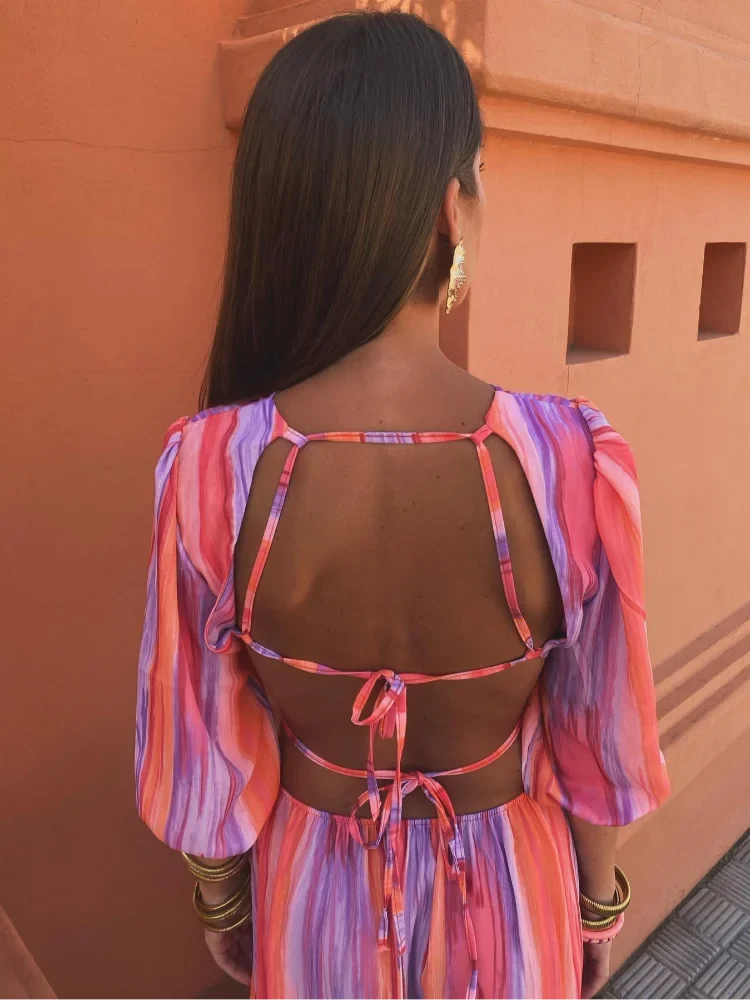Striped Puff Sleeve Round Neck Side Cut Out Maxi Dress - View 5