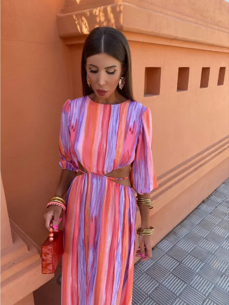 Striped Puff Sleeve Round Neck Side Cut Out Maxi Dress - View 2