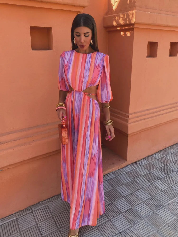 Striped Puff Sleeve Round Neck Side Cut Out Maxi Dress - View 4