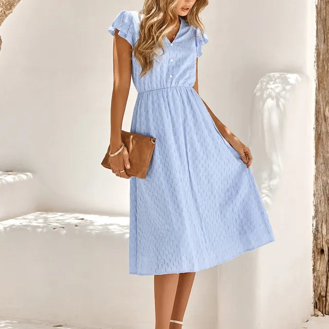 Swiss Dot V-Neck Flutter Sleeve Button Front A-Line Midi Dress