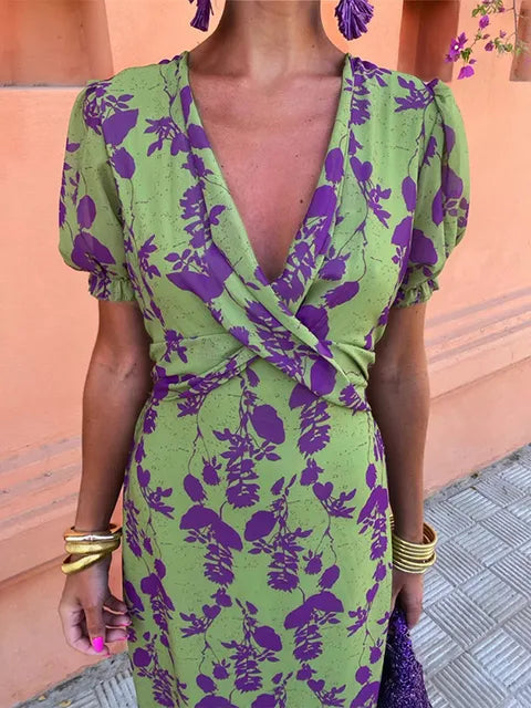 Floral Twist Back Puff Sleeve Midi Dress 2