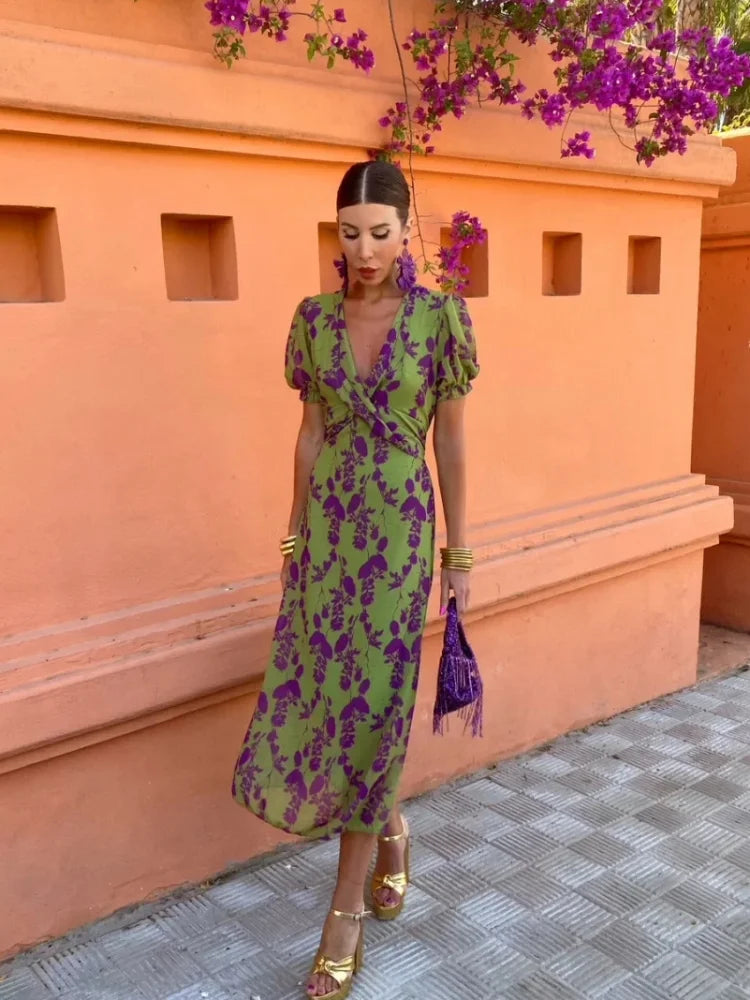Floral Twist Back Puff Sleeve Midi Dress 4