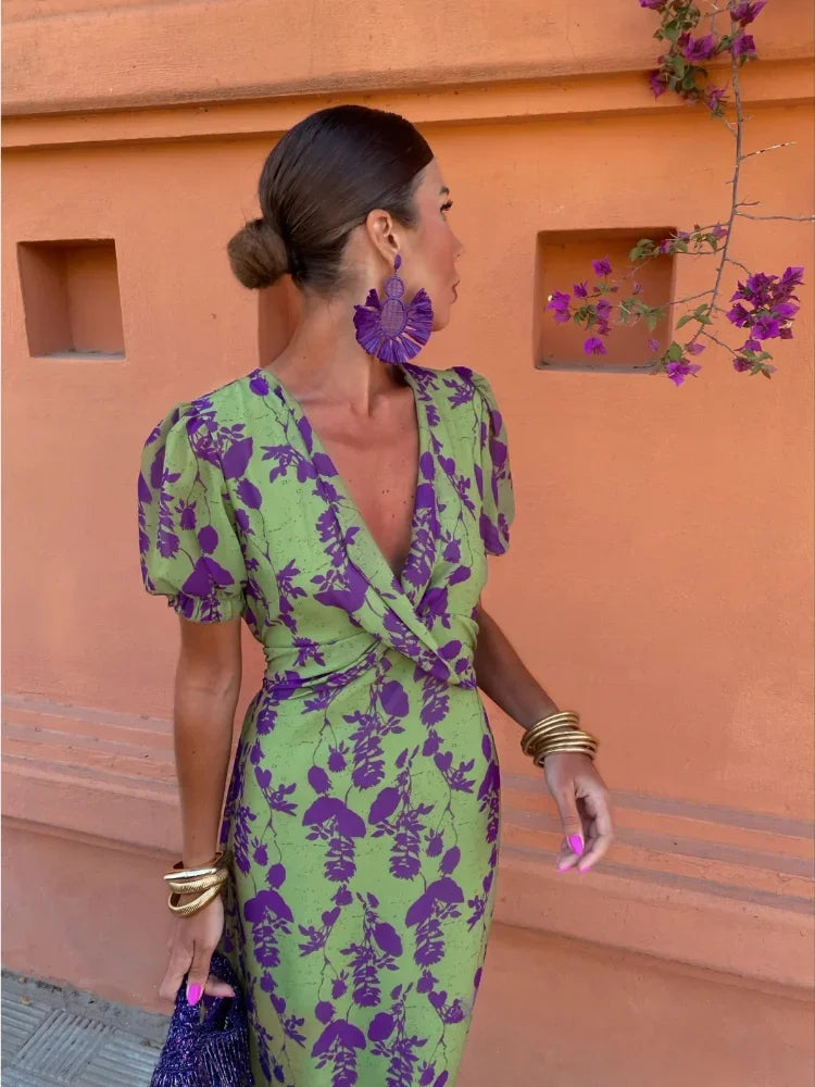 Floral Twist Back Puff Sleeve Midi Dress 8