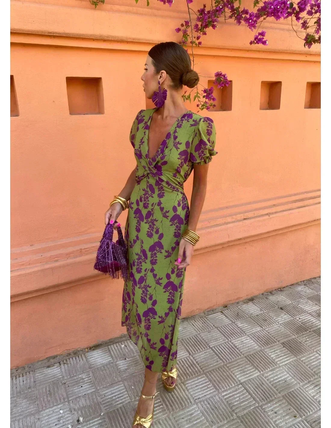 Floral Twist Back Puff Sleeve Midi Dress 5