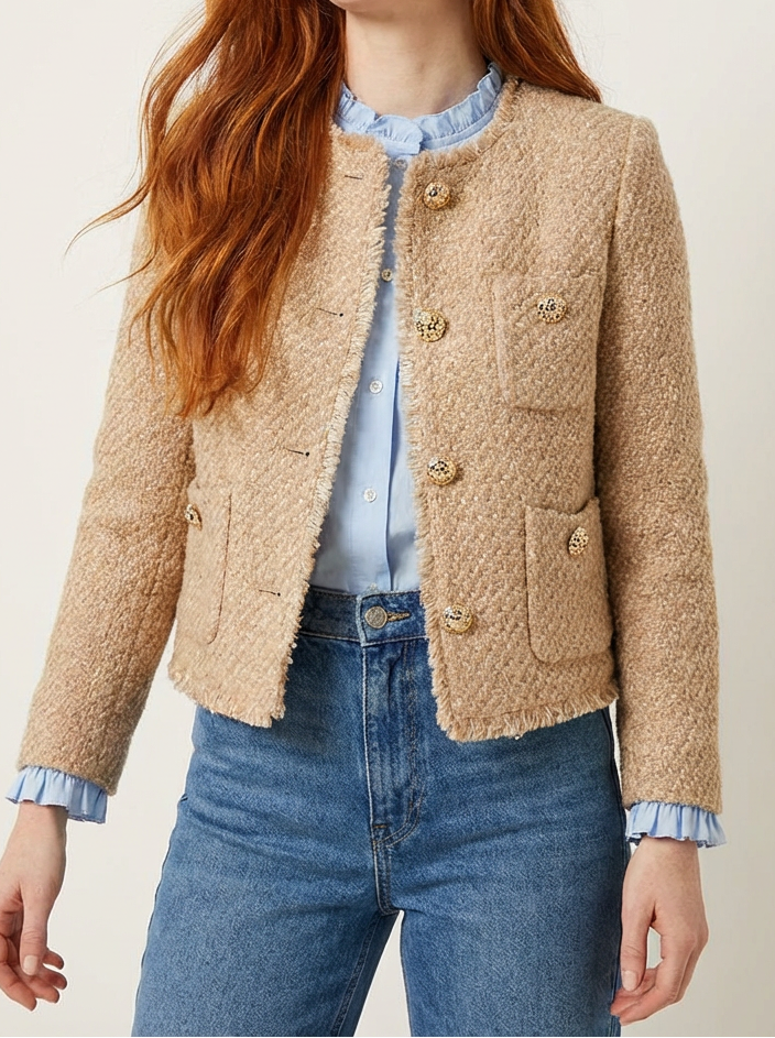 Collarless Frayed Trim Gold Button Tweed Jacket 2
