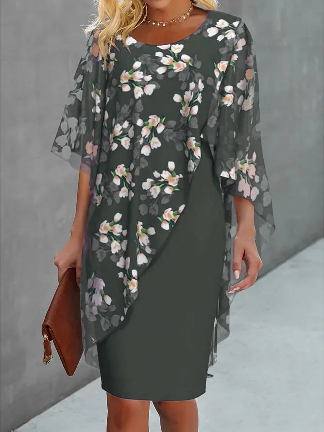 Floral Chiffon Cape Sleeve Overlay Sheath Knee Length Dress - View 3