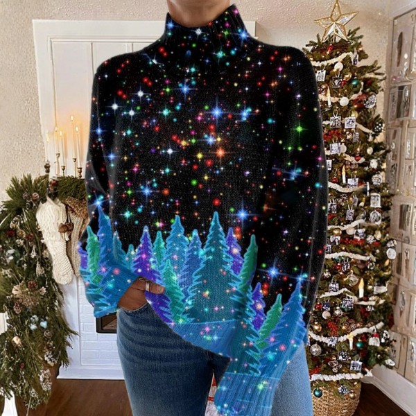 Starry Forest Print Turtleneck Knit Sweater