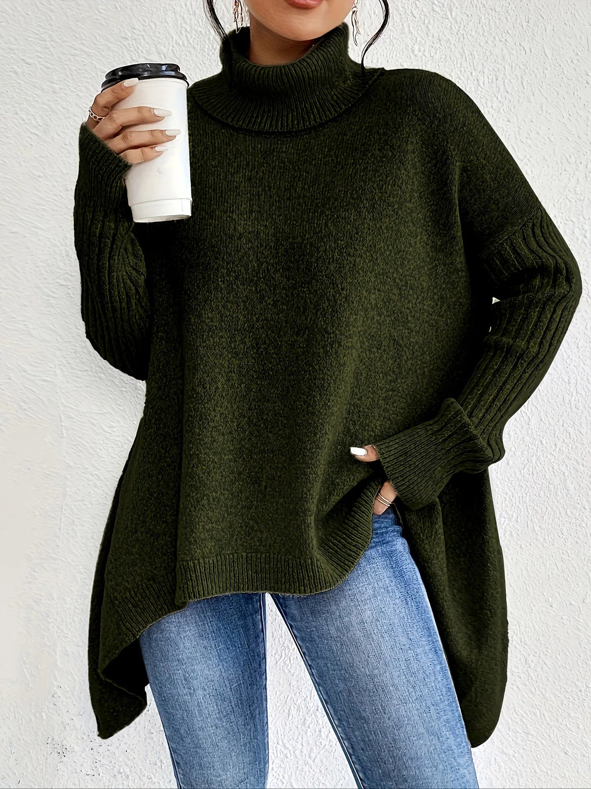 Turtleneck Long Sleeve Oversized High Low Sweater 2