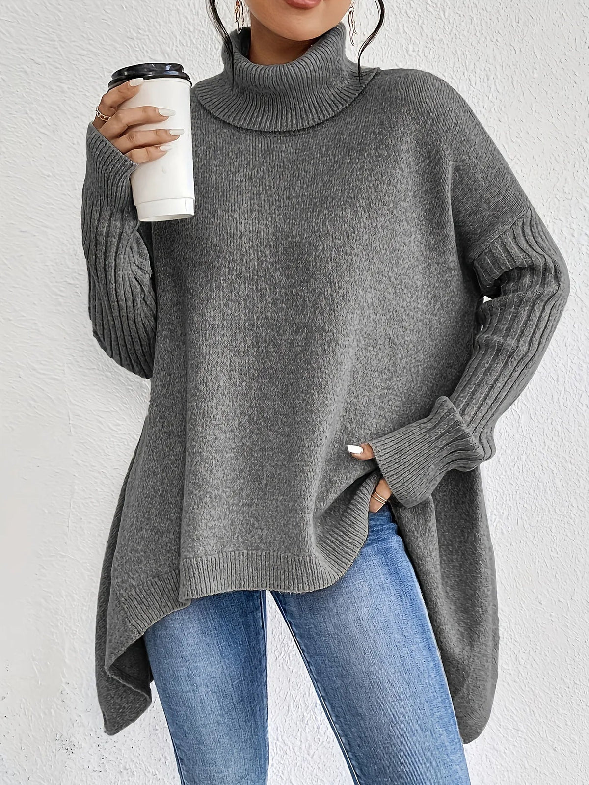 Turtleneck Long Sleeve Oversized High Low Sweater 3