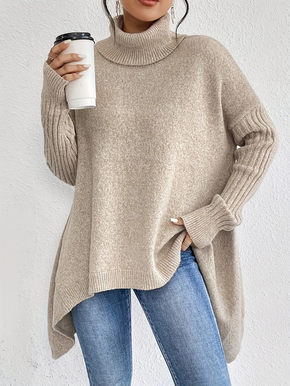 Turtleneck Long Sleeve Oversized High Low Sweater