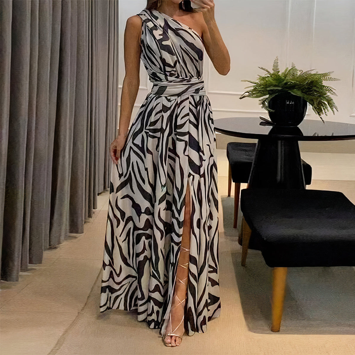 Zebra Print One Shoulder Wrap Sash Waist High Split A-Line Maxi Dress