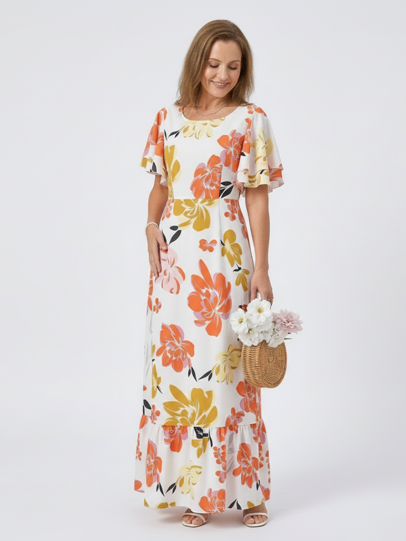 Floral Round Neck Flutter Sleeve Tiered Maxi Dress 2