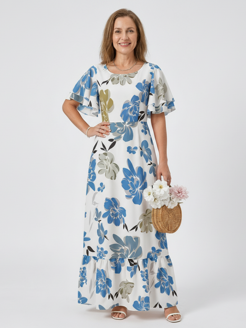 Floral Round Neck Flutter Sleeve Tiered Maxi Dress 4