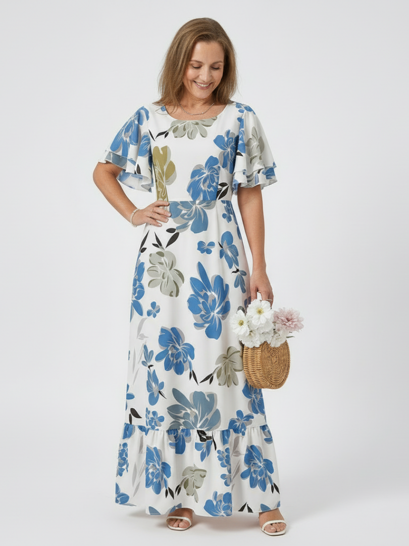 Floral Round Neck Flutter Sleeve Tiered Maxi Dress 6